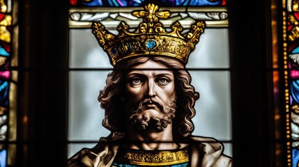 Obraz premium Crowned King Stained Glass Church Window Detail