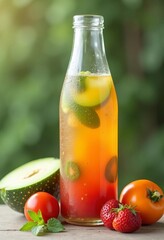 Fototapeta premium Bottle of infused water surrounded by fresh fruits and vegetables
