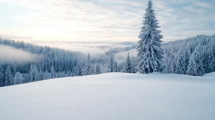 Obraz premium Snowy mountain sunrise, frosted trees, winter wonderland, scenic postcard