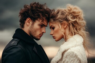 A couple standing apart in a dramatic argument, with emotions captured in their faces against a cloudy sky