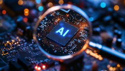 magnifying glass by dedicated AI microchip over circuit board, artificial intelligence and GPU cloud computing concept, technology and futuristic research