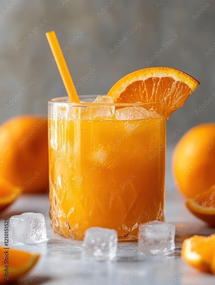 Poster freshly squeezed orange juice served in a glass with ice and garnished with a slice of orange on a b