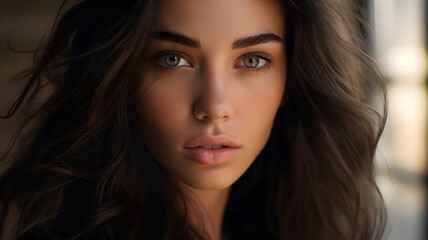 Obraz premium Serene Woman with Long Brown Hair