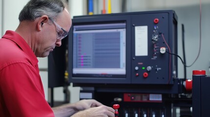 Engineer wearing safety glasses is meticulously operating complex machinery using a computer interface, showcasing precision and expertise in a technological facility