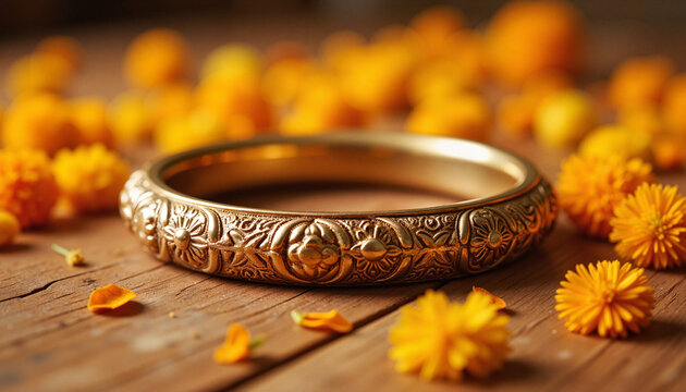 Intricately carved kada bangle with marigold flowers, cultural elegance, Indian Traditional Jewelry, Raksha Bandhan