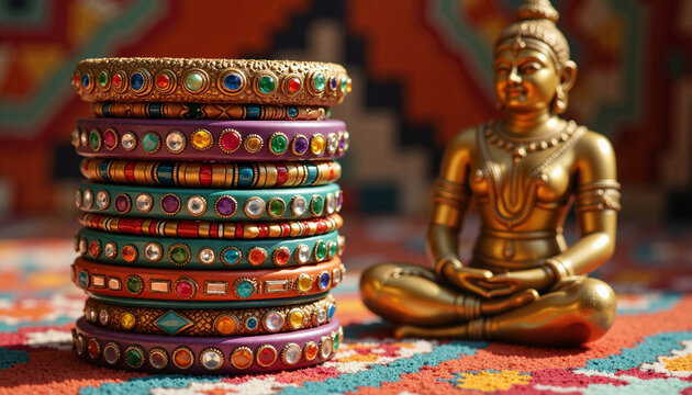 Vibrant bangles beside brass Nataraja statue on colorful rug, celebration, Indian Traditional Jewelry, Raksha Bandhan