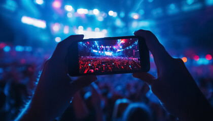 person making photo with phone at music festival event at night