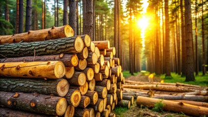 Golden Hour Lumber Stack in a Sunlit Forest