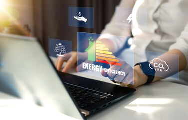 Efficiency energy rating concept. Sustainable development and eco house. Ecological house with low...