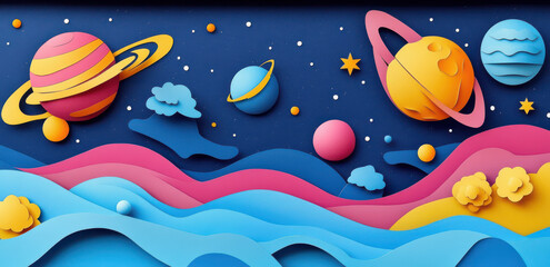 Colorful paper cut art of vibrant space background with planets