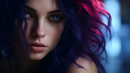 "Mysterious Woman with Blue Eye and Purple Wavy Hair", "Melancho