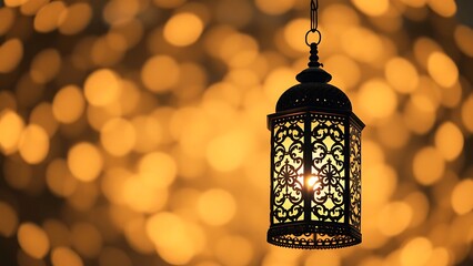 Obraz premium Traditional Lantern with Golden Bokeh Lights - Ramadan and Festive Decor .