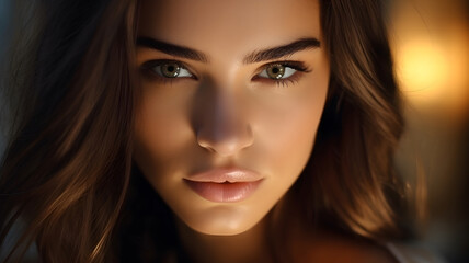 Fototapeta premium Serene Portrait of a Woman with Long Brown Hair