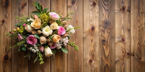 Fototapeta premium Elegant floral arrangement on a wooden wall , wall art, floral design, wall art