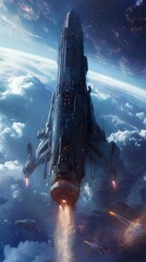 Epic Spacecraft Ascending Through Cosmic Nebula