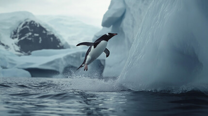 A beautiful penguin jumping from a ice water falls.
