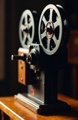 A vintage film projector stands elegantly on a wooden surface, showcasing its intricate wheels and mechanical components. The soft light highlights the craftsmanship and nostalgia of film history.