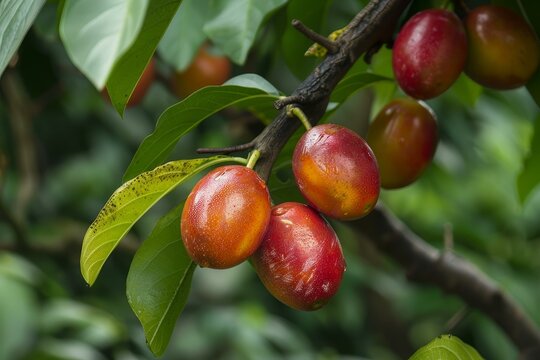 Close up of ripe jocote fruits hanging on a branch, showcasing their vibrant colors and the freshness of nature