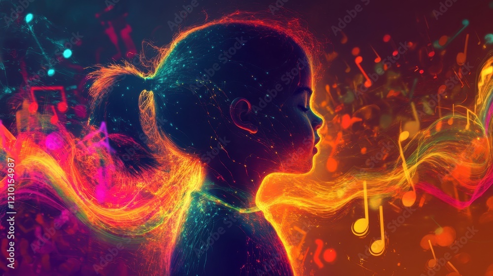 Aufkleber Child's silhouette glows with vibrant colors and hints of music on a dark background in an imaginative atmosphere