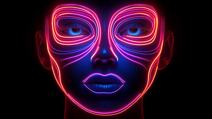 Neon face close-up, in violet and purple cyber-punk style