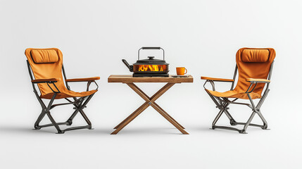 Cozy Outdoor Setup with Two Chairs, Wooden Table, Cooking Pot, and Coffee Mug on a Minimalist Background
