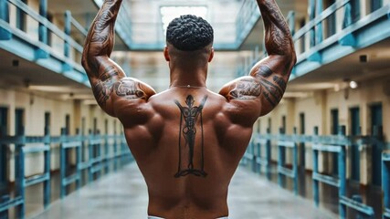 Muscular man poses proudly in a prison hallway showcasing strength and tattoos during daylight hours