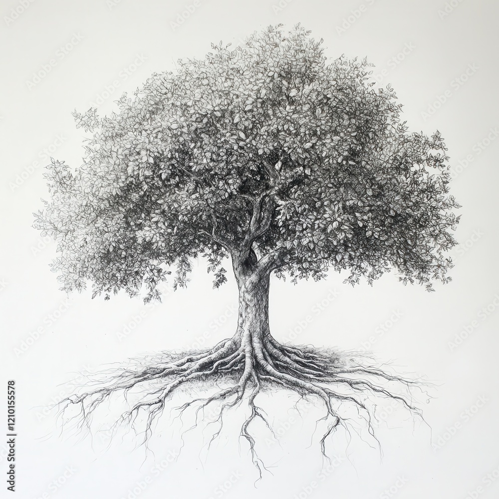 Poster tree with exposed roots showcasing natural beauty and intricate details amidst lush foliage in a ser