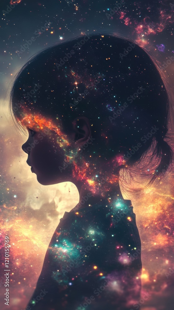 Poster Surreal silhouette of a child with cosmic imagery blending into the background at twilight
