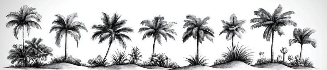 Isolated on a white background, this illustration includes hand-drawn tropical palm trees and plants