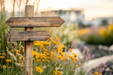 A wooden yield sign crafted from reclaimed wood, showing signs of its original use, standing near an eco-friendly community garden