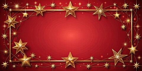 Red Festive Background with Golden Stars and Decorative Frame