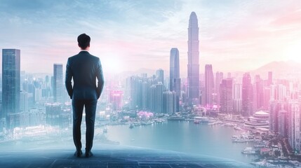 Businessman overlooking cityscape sunrise, future planning, ambition