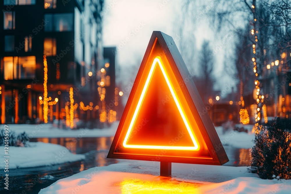 Aufkleber a wooden yield sign with a glowing led light strip embedded around the edges, standing in a modern e