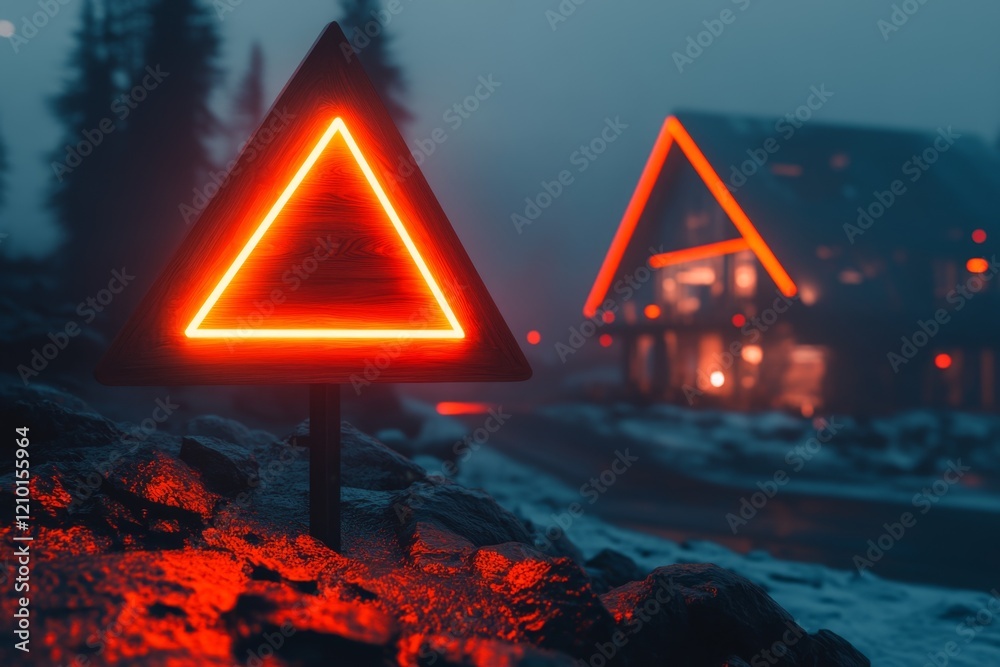 Poster A wooden yield sign with a glowing LED light strip embedded around the edges, standing in a modern eco-village