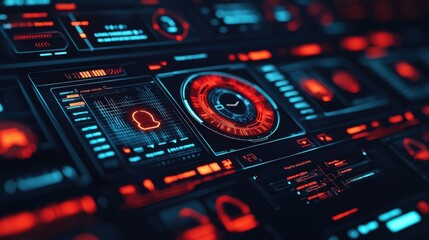 Cybersecurity Threat Intelligence Risk Management concept. Cybersecurity Dashboard with Glowing Metrics and Advanced Digital Interface