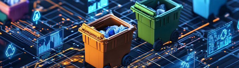 Digital representation of waste management with colorful recycling bins on a tech backdrop.