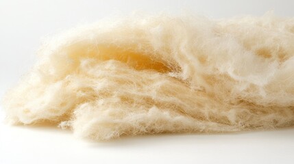 Fluffy pale yellow fiber pile on white background, insulation material texture
