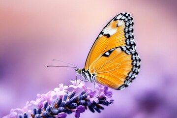 A yellow butterfly resting on a purple lavender flower, creating a striking contrast in the vibrant scene