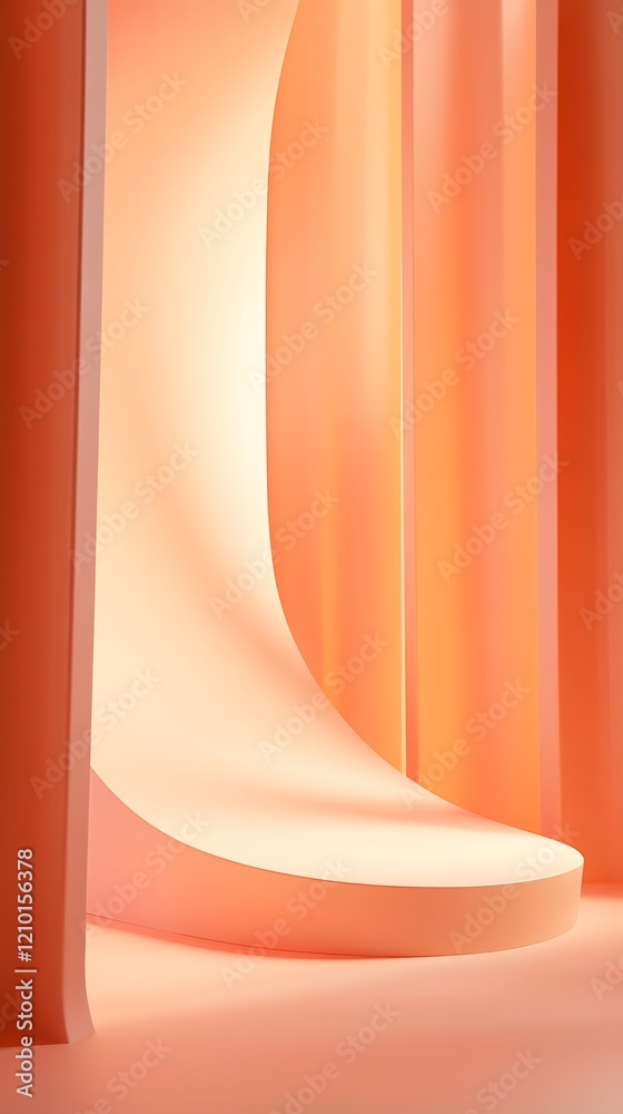 Wall mural a tall, elegant podium with smooth curves and an empty display space, bathed in soft peach light, on
