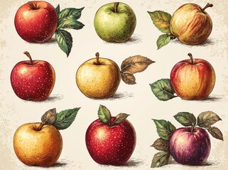 Sketch engraving generative AI raster illustration of a set of apples with leaves, featuring whole fruits and slices, in a classic design and nature theme, with scratch board imitation. Black and