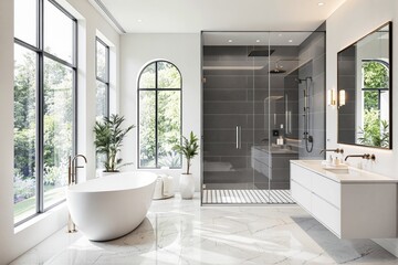Fototapeta premium Modern bathroom with large windows, white bathtub, glass shower, and elegant decor.
