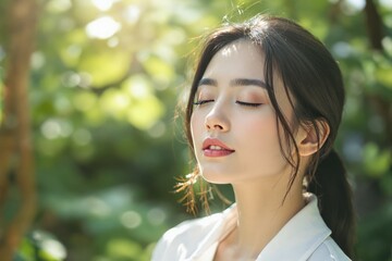 Calm woman with closed eyes enjoying sunlight outdoors, surrounded by greenery.