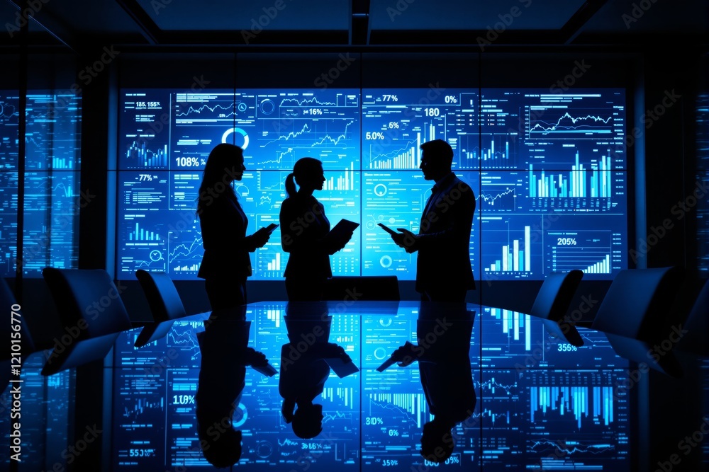Poster Silhouettes of professionals analyzing data on illuminated background in a high-tech setting.