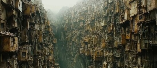 Overgrown canyon city, dense housing, foggy day, dystopian backdrop, film still