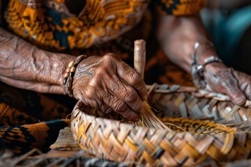 Artisan weaving traditional basket with natural fibers