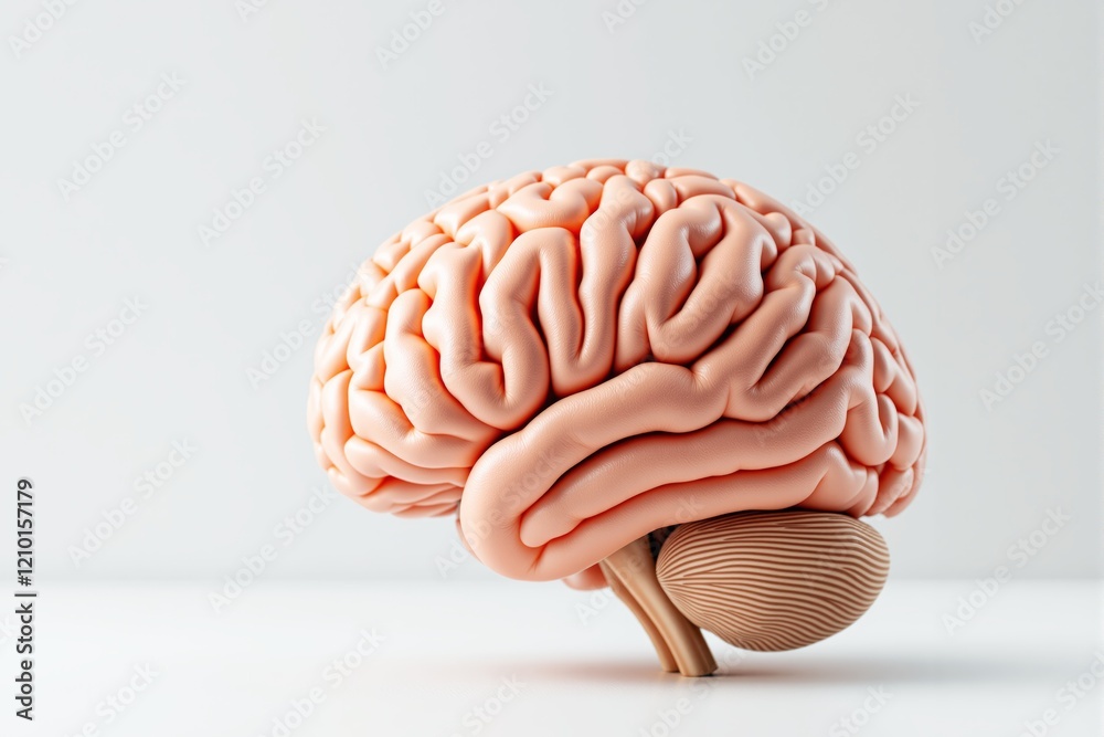 Poster anatomically detailed brain model in soft light on white background.
