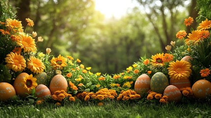 A soft-focus Easter background with a mixture of pastel Easter eggs, green leaves, and blooming flowers framing the edges.