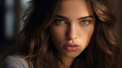 Naklejka premium Serene Portrait of a Woman with Long Brown Hair