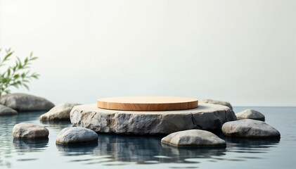 a minimalist product display podium made from stone and wood, set in water, with a tranquil atmosphere