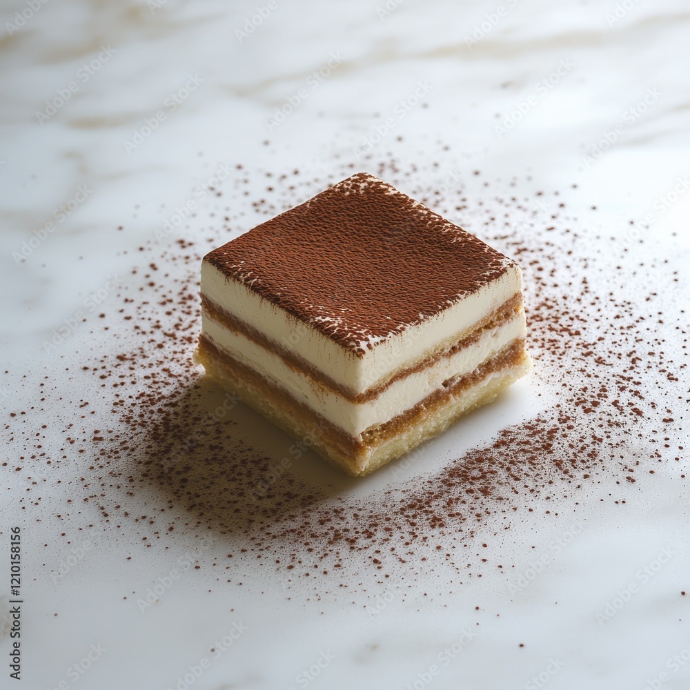 Poster Delicious tiramisu with creamy layers dusted with cocoa on a marble table
